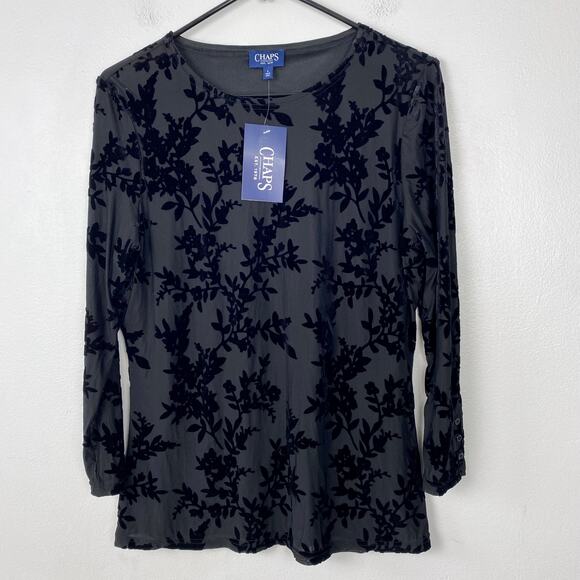 Chaps Velvet Burnout Blouse Mesh Sheer Top Floral Black Whimsygoth Size Large - Picture 1 of 11